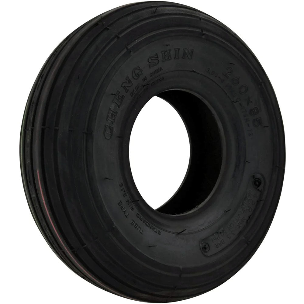 260 x 85 Tyre (300 x 4 / 3.00-4) Rib Tread. Pneumatic. Black.