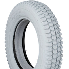 Load image into Gallery viewer, 300 x 8 Tyre (3.00-8) Grey. Infilled / Solid. Arrow Tread. Puncture Proof. 36mm Rim.